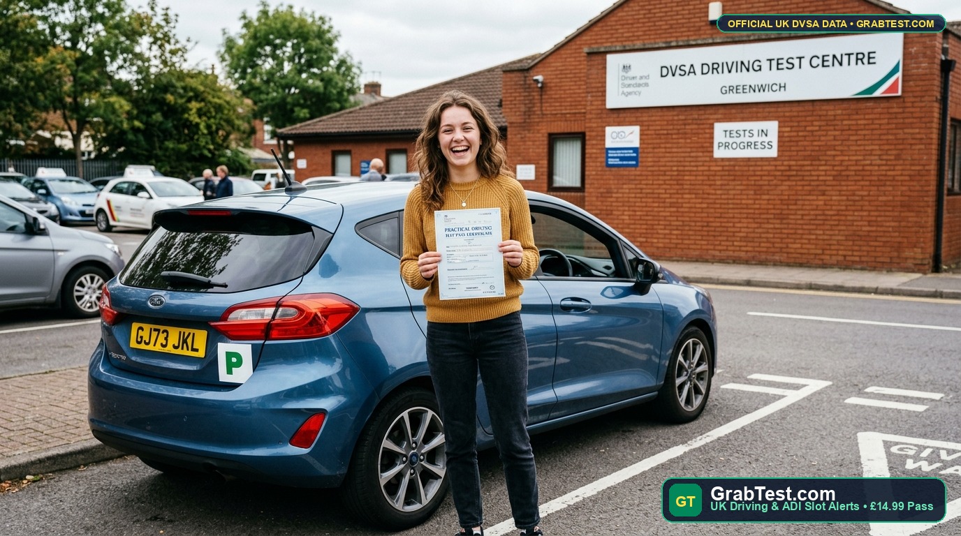 Successful East London learner driver holding DVSA Pass Certificate outside Goodmayes test centre - GrabTest.com UK Driving & ADI Slot Alerts