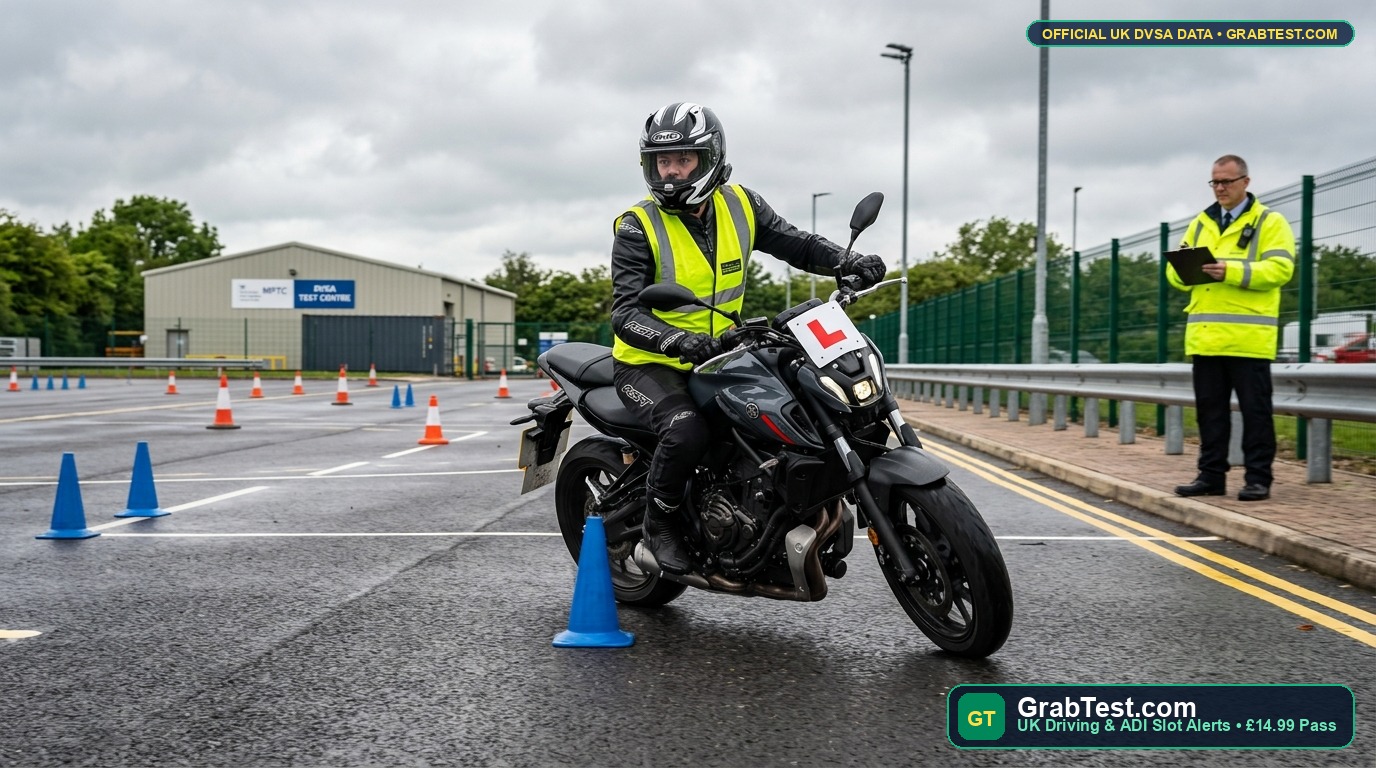 UK Motorcycle rider performing Module 1 high-speed avoidance manoeuvre on an official DVSA Multi-Purpose Test Centre pad - GrabTest.com UK Driving & ADI Slot Alerts
