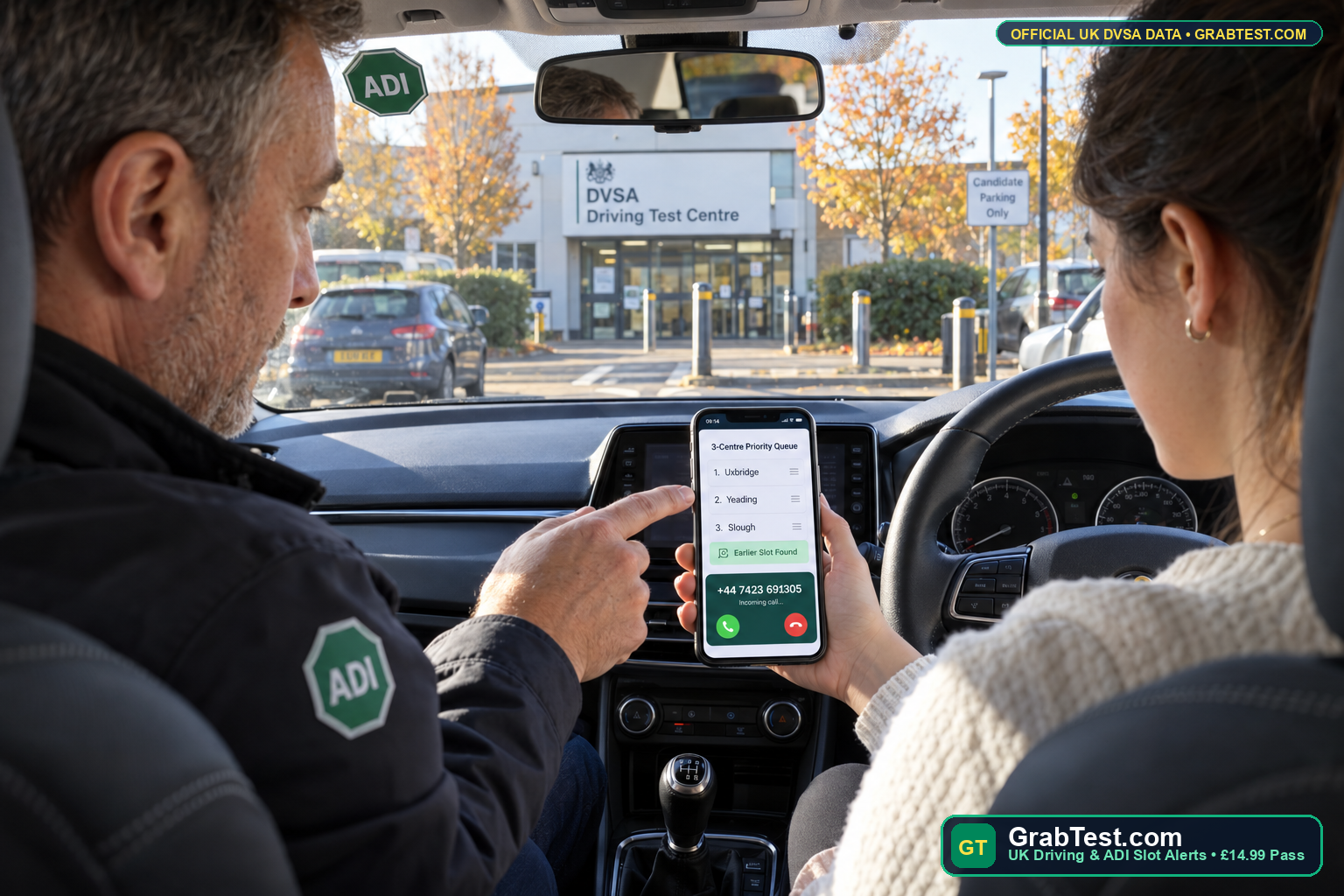 UK Approved Driving Instructor and learner driver inside a right-hand-drive car reordering their 1-to-3 DVSA test centre priority queue on GrabTest.com - GrabTest.com UK Driving & ADI Slot Alerts