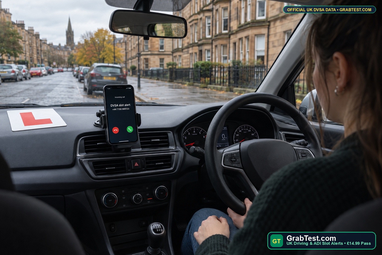 Right-hand-drive UK learner car in Glasgow with incoming +44 DVSA slot alert call - GrabTest.com UK Driving & ADI Slot Alerts