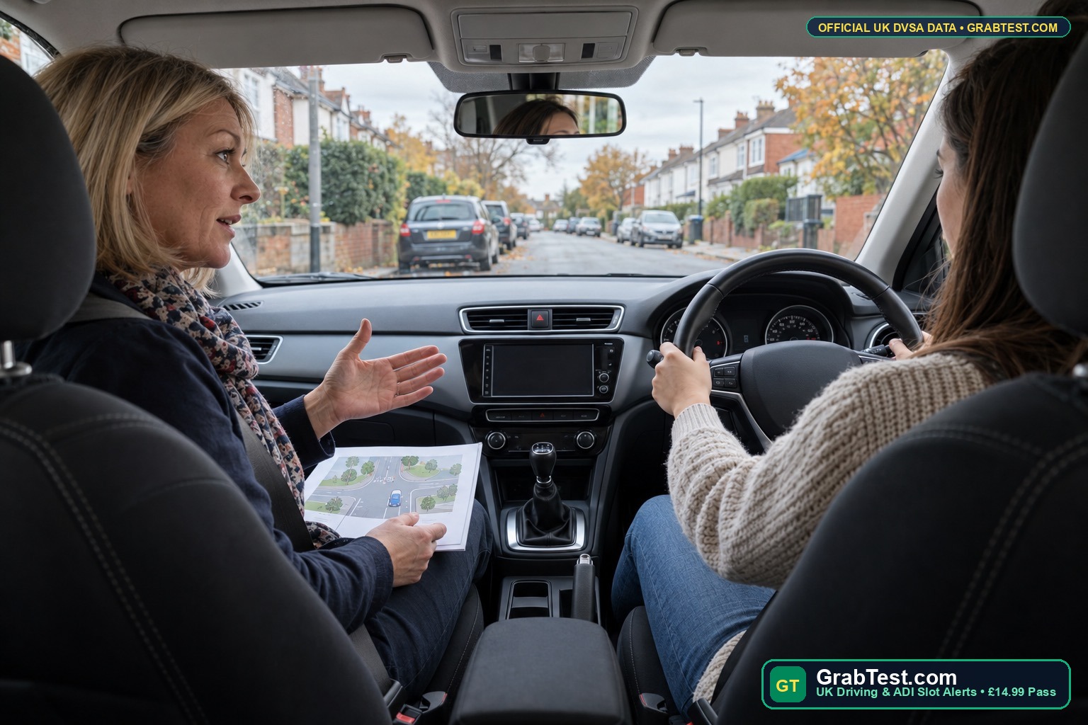UK Approved Driving Instructor conducting a Grade A ADI Part 3 coaching session in a right-hand-drive tuition car - GrabTest.com UK Driving & ADI Slot Alerts