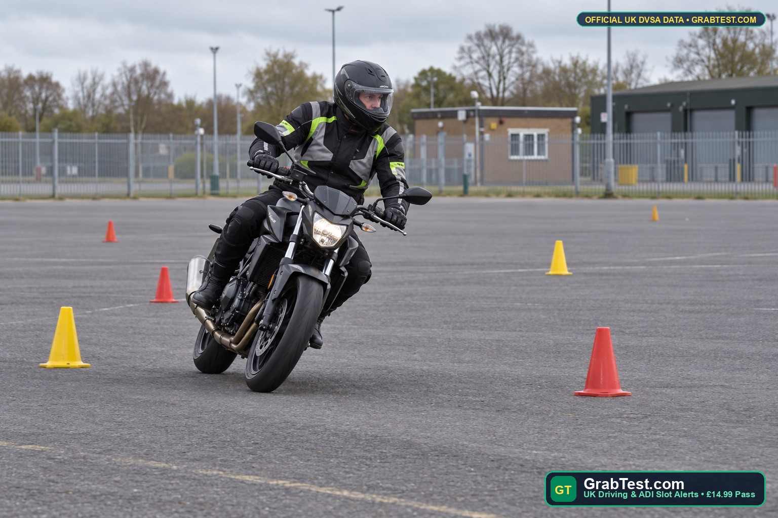 Why UK Motorcycle Mod 1 Pads & Court-Ordered Extended Tests Are So Hard to Book (And How to Grab Cancellations) | GrabTest.com UK Motorcycle rider performing Module 1 high-speed avoidance manoeuvre on an official DVSA Multi-Purpose Test Centre pad - GrabTest.com UK Driving & ADI Slot Alerts