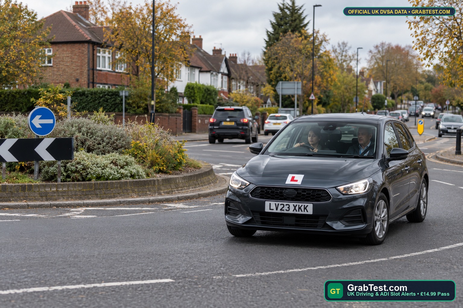 North-West London Driving Test Guide (2026): Hendon vs. Mill Hill vs. Barnet Pass Rates, Apex Corner & Wait Weeks | GrabTest.com Right-hand-drive UK learner car navigating a North London roundabout near Hendon and Mill Hill test centres - GrabTest.com UK Driving & ADI Slot Alerts