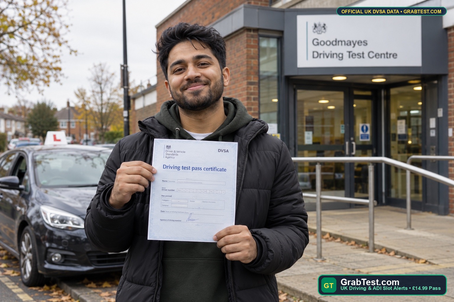 East London & Essex Test Centre Showdown (2026): Goodmayes vs. Barking vs. Hornchurch Waiting Queues & Pass Rates | GrabTest.com Successful East London learner driver holding DVSA Pass Certificate outside Goodmayes test centre - GrabTest.com UK Driving & ADI Slot Alerts
